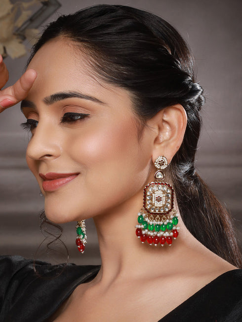 Gold Toned Red Kundan & Green Pearl Beaded Geometric Designer Dangler Chandbali earrings