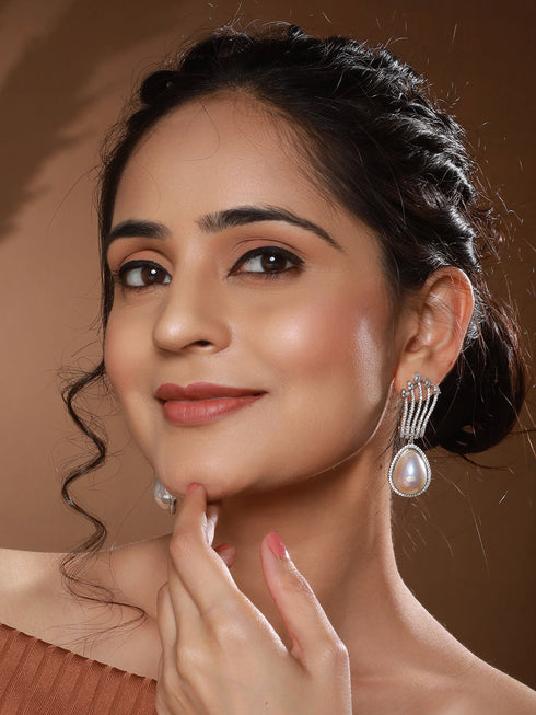Silver Plated AD Studded & Pearl Contemporary Hoop Bali Earrings