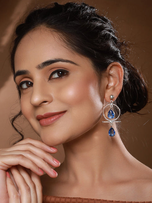 Silver Oxidised Plted Blue Stone AD Minimal T-Shaped Hoop Earrings