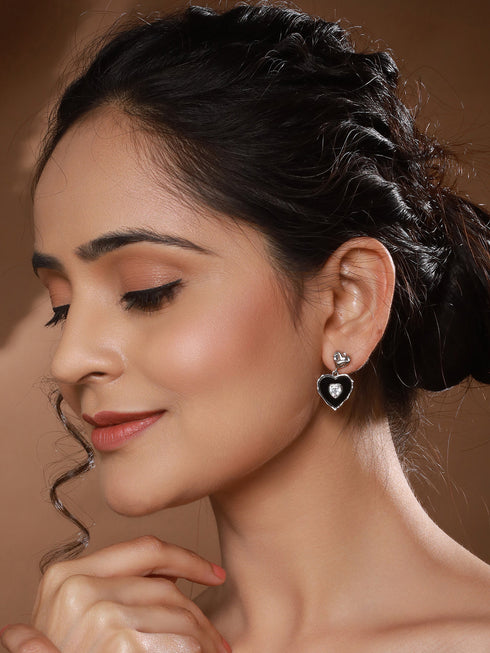 Anti-Tarnish Silver Plated Black Enamelled Heart Shaped Minimal Drop Down Studs Earrings
