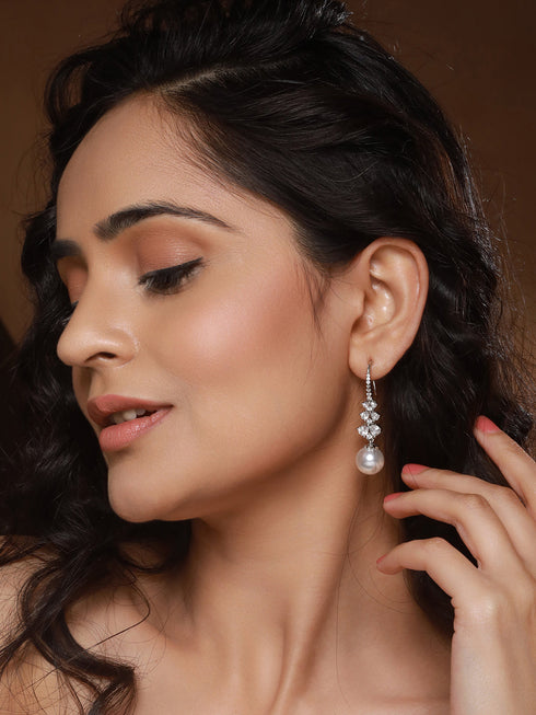 Silver Plated AD Studded Delicate Pearl Hook Earrings