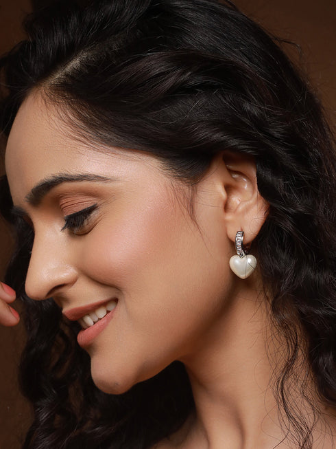 Anti-Tarnish Silver Plated Faux Pearl Studded Heart Shaped Small Minimal Hoop Earrings