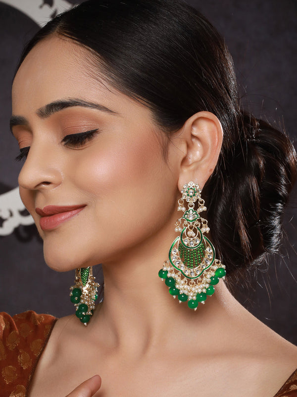 Gold Toned Kundan & Emerald Green Pearl Beaded Handcrafted Chandbali Earrings