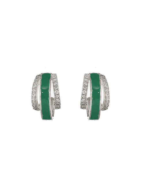 Silver Plated Green Enamelled AD Studded Bali Hoop earrings