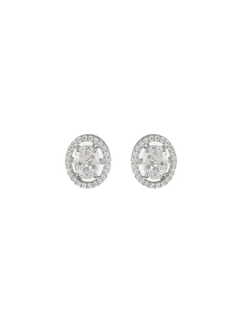 925 Sterling Silver AD Studded Rhodium Plated Oval Studds Earrings