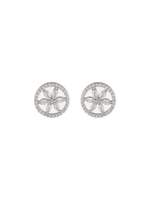925 Sterling Silver Rhodium Plated Cubic Zirconia Floral Studds Earrings