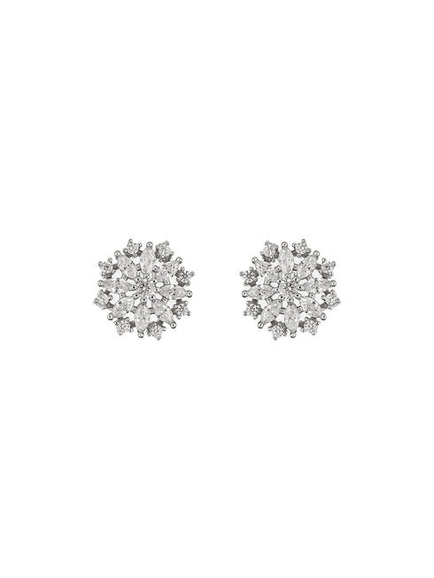 925 Sterling Silver CZ Studded Rhodium Plated Floral Clustered Studds Earrings