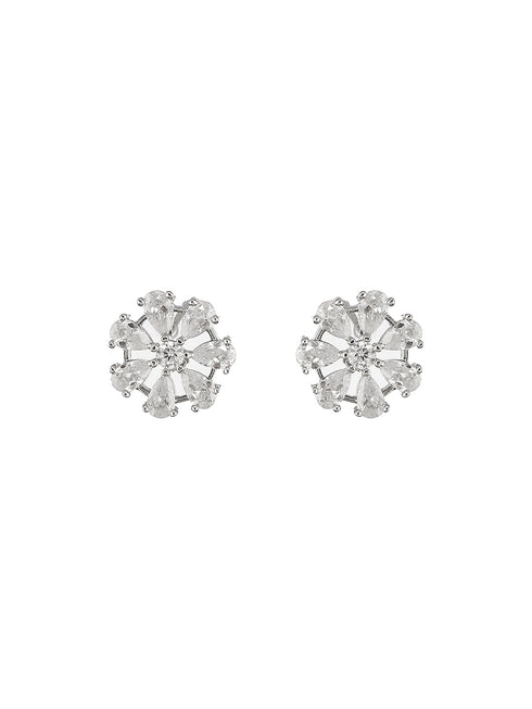 925 Sterling Silver Rhodium Plated CZ Studded Floral Studds Earrings