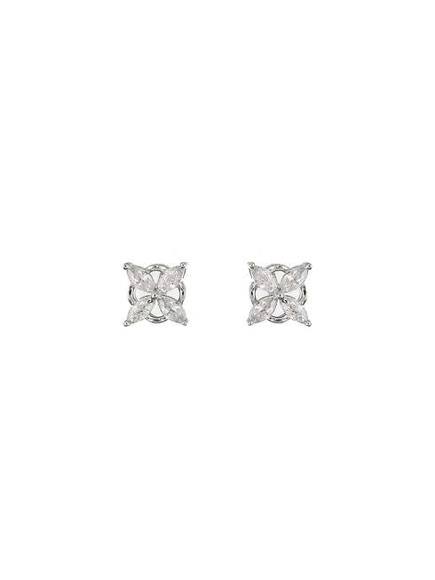 925 Sterling Silver Rhodium Plated CZ Studded Minimal Flower Studds Earrings