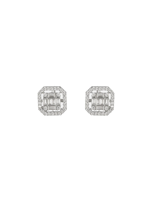 925 Sterling Silver Baguette Shaped Cubic Zirconia in Rhodium Plated Studds Earrings