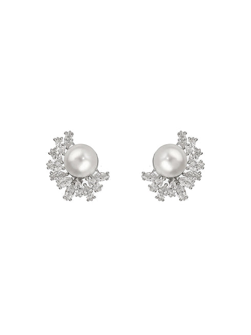 925 Sterling Silver Rhodium Plated Semi Flower Faux Pearl Studds Earrings