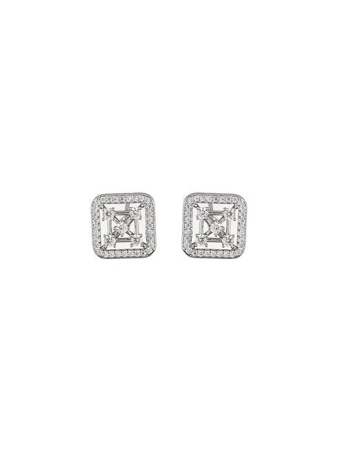 925 Sterling Silver Rhodium Plated Baguette Shaped CZ Square Floret Earrings