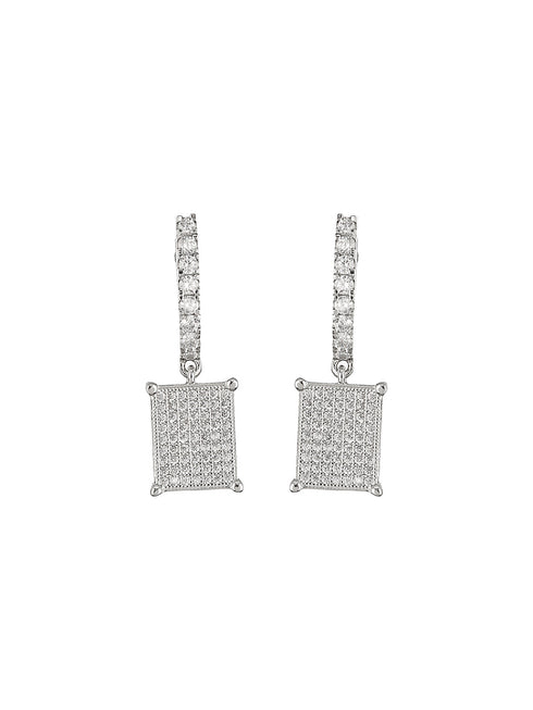 925 Sterling Silver Rhodium Plated Square Drop Bali Hoop Earrings