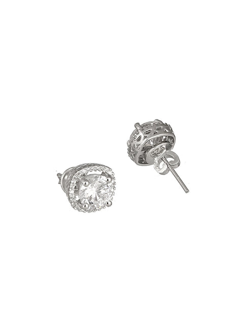 925 Sterling Silver Rhodium Plated Halo Solitaire Studds Earrings