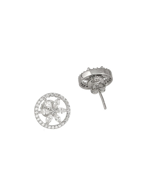 925 Sterling Silver Rhodium Plated Cubic Zirconia Floral Studds Earrings