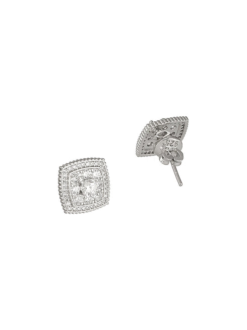 925 Sterling Silver Rhodium Plated Geometric Square Cluster CZ Studds Earrings