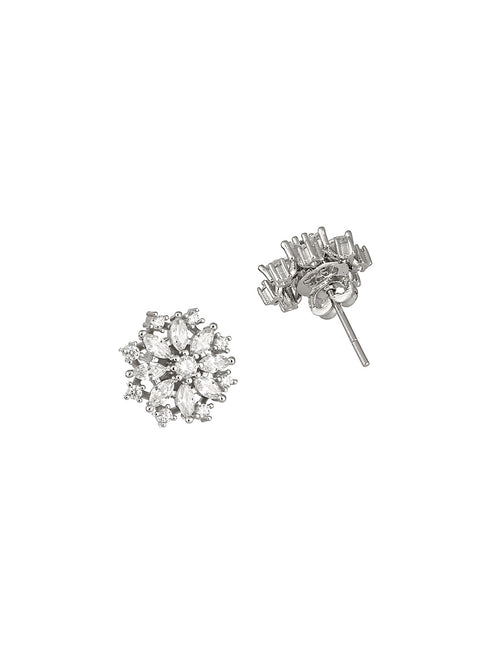 925 Sterling Silver CZ Studded Rhodium Plated Floral Clustered Studds Earrings