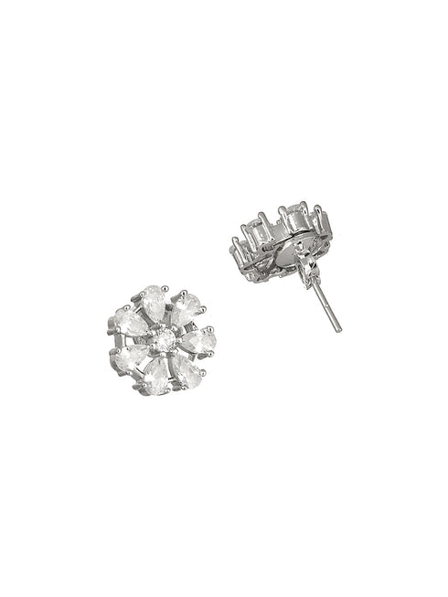 925 Sterling Silver Rhodium Plated CZ Studded Floral Studds Earrings