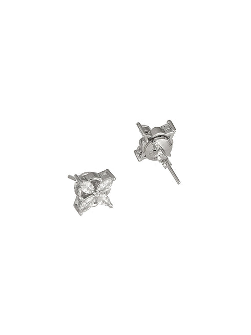 925 Sterling Silver Rhodium Plated CZ Studded Minimal Flower Studds Earrings