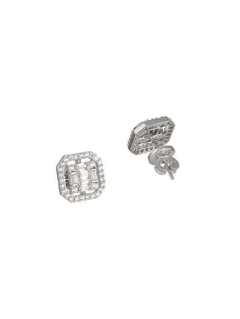 925 Sterling Silver Baguette Shaped Cubic Zirconia in Rhodium Plated Studds Earrings