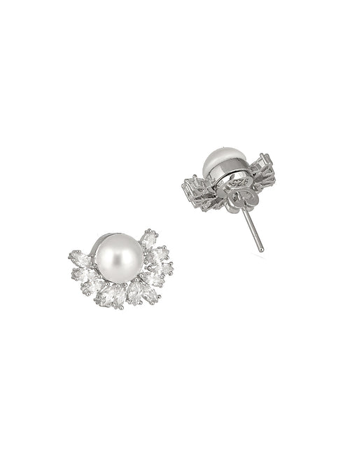 925 Sterling Silver Rhodium Plated Semi Flower Faux Pearl Studds Earrings