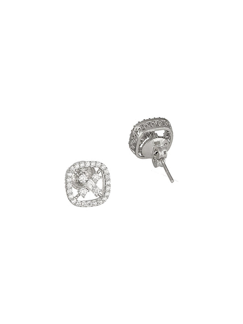 925 Sterling Silver Rhodium Plated Geometric Square Floret Studds Earrings