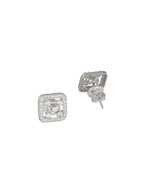 925 Sterling Silver Rhodium Plated Baguette Shaped CZ Square Floret Earrings