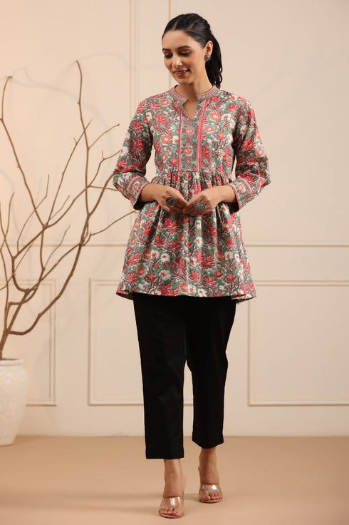 Women Olive green & Pink Floral Printed A line Pure Cotton Kurti