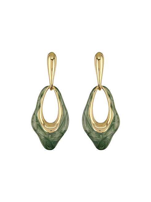 Anti-Tarnish 18k Gold Plated & Emarald Enamelled Hollow Drop Contemporary Earrings