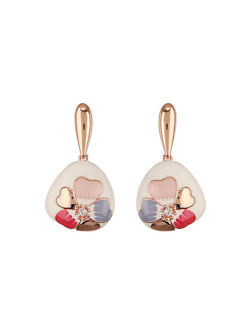 Anti-Tarnish 18k Gold Plated Off White Enamelled Floral Statement Dangler Earrings