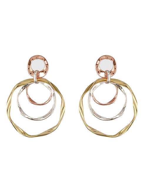Anti-Tarnish 3 Tone Concentric Handmade Dangler Hoop Earrings