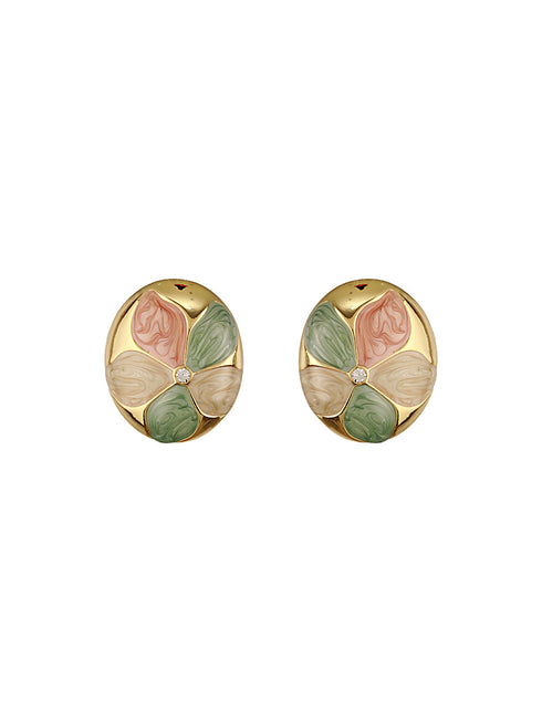 Anti-Tarnish 18k Gold Plated Floral Enamelled Large Circular Studds earrings