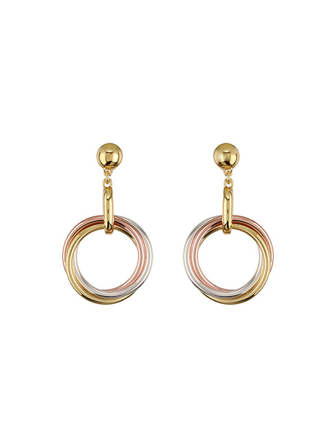 Anti-Tarnish 3 Toned Gold Plated Twisted Round Double Circle Chunky Drop Hoop Earrings