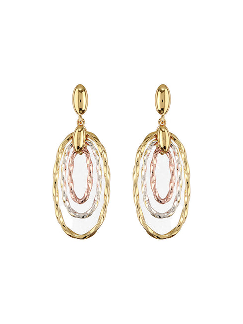 Anti-Tarnish 3 Toned Twisted Elliptical Concentric Ring Hoop Earrings