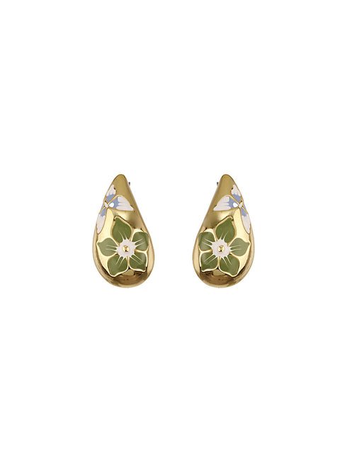 Anti-Tarnish Gold Plated & Enamelled Floral Tear Shaped Studds Earrings