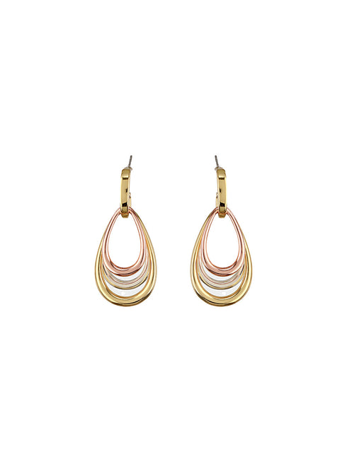 Anti-Tarnish Tri Gold Plated Concentric Drop Shaped Dangler Hoop Earrings
