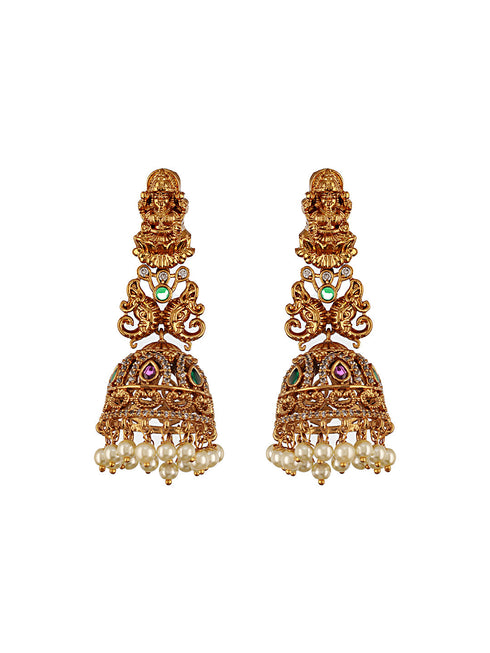 Gold Matt Polish Zircon Studded Lakshmiji Motif Designer Danggling Earring
