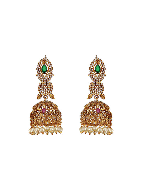 Gold Plated Green Zircon Studded Pearl Beaded Dangler Earrings