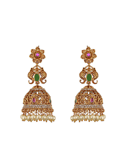 Antique Gold Polish Zircon Studded Pearl Beaded Floral Dangling Earring