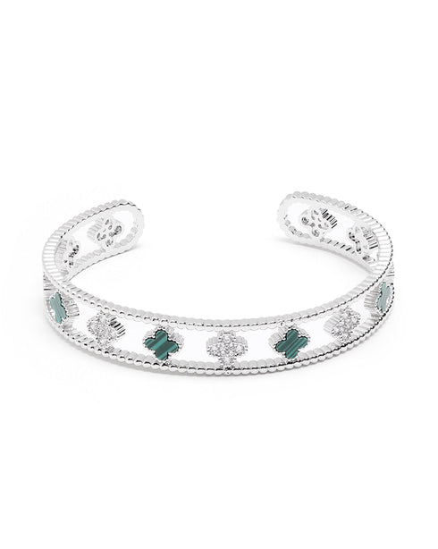 Premium Silver-Plated CZ Clover Cuff Bracelet