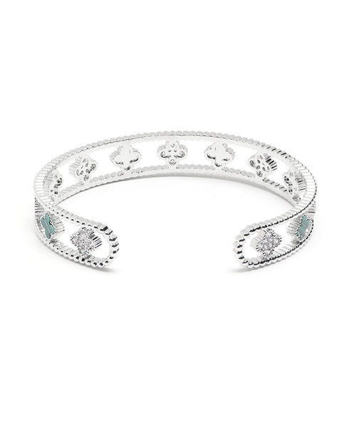 Premium Silver-Plated CZ Clover Cuff Bracelet