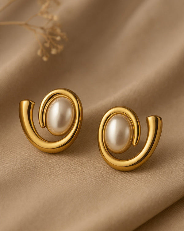 Premium 18kt Gold Plated Pearl Contemporary Bold Stud Earring