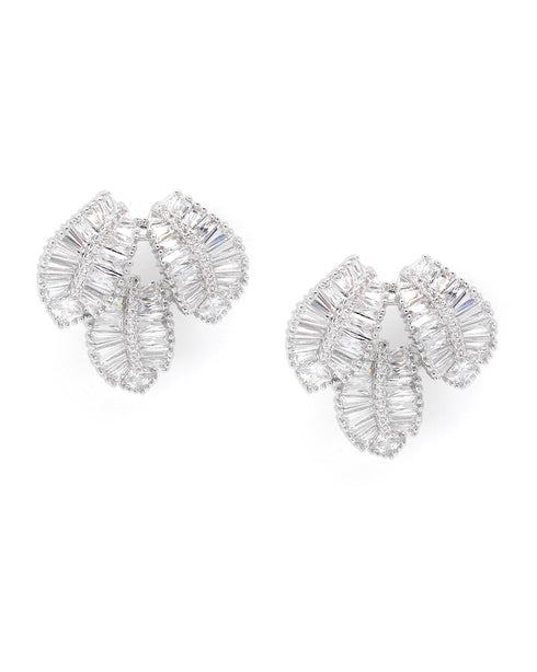 Premium Silver-Plated CZ Layered Leaf Bold Stud Earrings