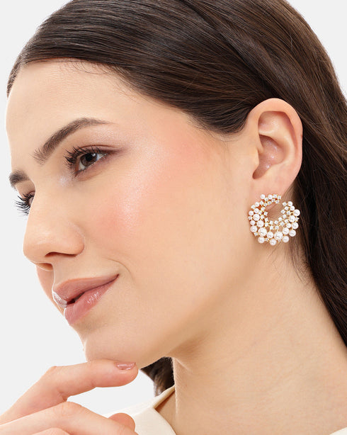 Gold-Plated Pearl & CZ Embellished Bold Hoops Earrings