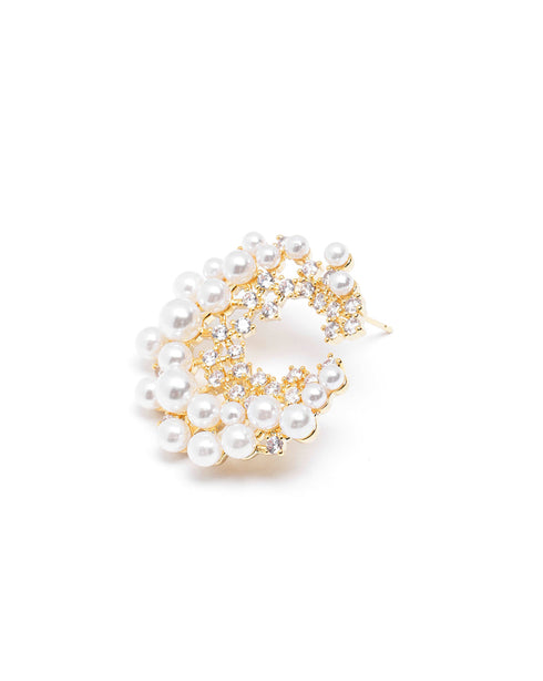 Gold-Plated Pearl & CZ Embellished Bold Hoops Earrings