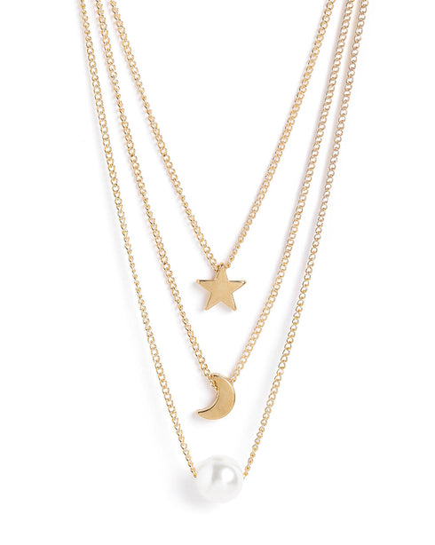 Rose Gold Plated Star Moon & Pearl Pendant Multi Layered Necklace