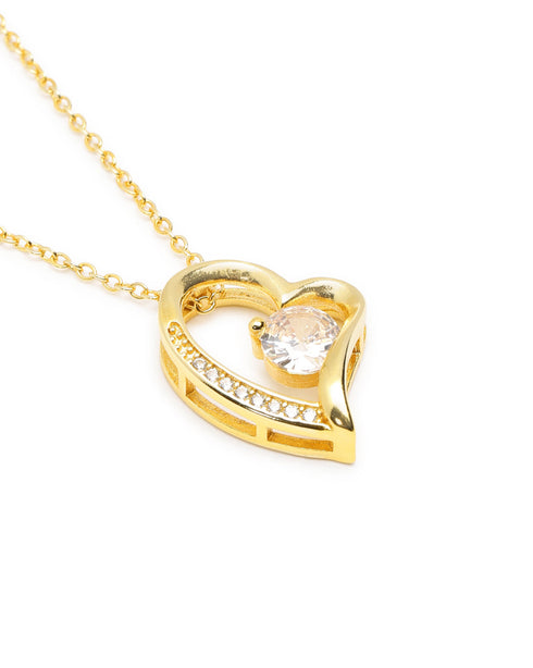 Gold Plated CZ Solitaite Heart Pendant and Chain