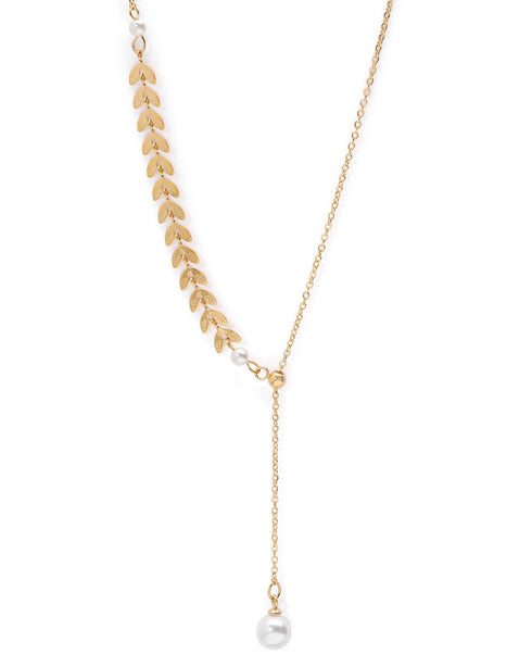Gold Plated Dangling Pearl Leaf Necklace