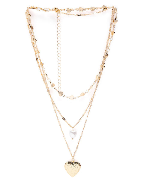 Rose Gold Plated Pearl Dangling Openable Heart Layered Necklace
