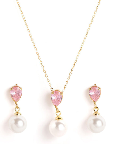 18kt Gold Plated Pear Drop CZ Pearl Necklace and Drop Earring Set